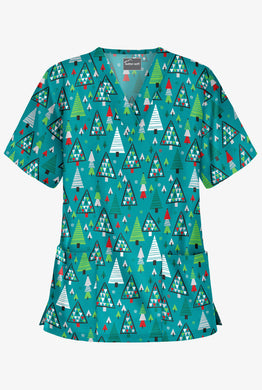 Christmas Scrub Top  Teal Trees Women's 2-Pocket Relaxed Fit