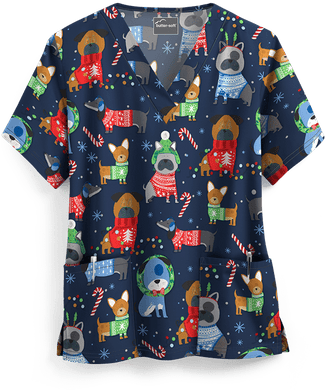 Christmas Scrub Top Cuddly Pups Brushed Cotton