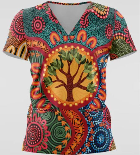 Women's V Neck Branches Wurung Indigenous  Scrub Top