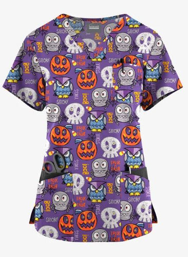 Halloween Trick Or Treat Silver Women's 7-Pocket Rounded V-Neck Printed Scrub Top