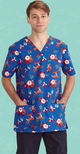 Christmas Scrub Top Men's Royal Happy Santa