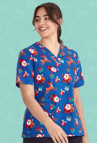 Christmas Scrub Top Women's Royal Happy Santa