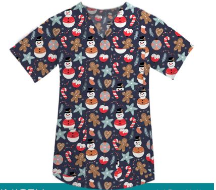 Christmas Scrub Top - Happy Snowman 100% Cotton