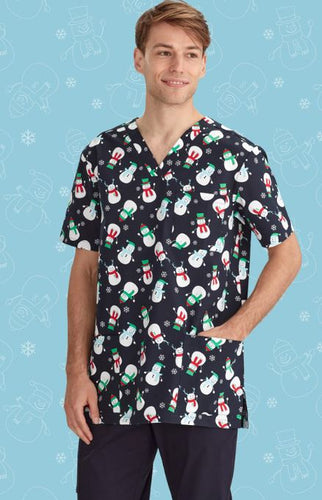 Christmas Scrub Top Men's Navy Snowman