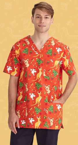 Christmas Scrub Top Men's Orange Oz Xmas