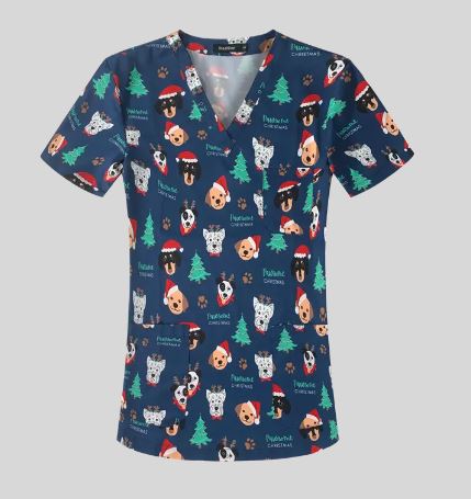 Christmas Scrub Top Women's V Neck Pawsome Xmas