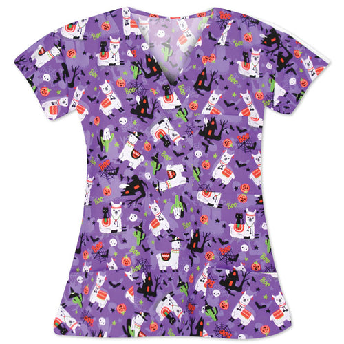 Halloween Three Pocket V-Neck Top - LLAMAWEEN