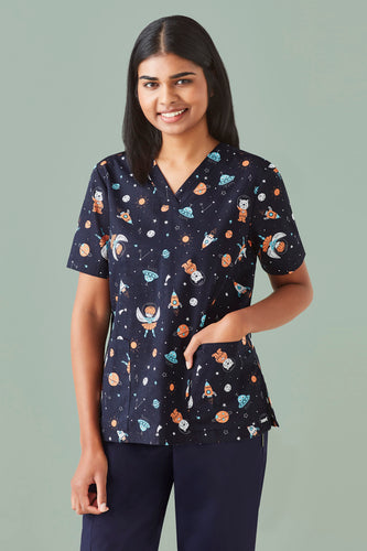 CST148LS  Women's Space Party Print Scrub Top